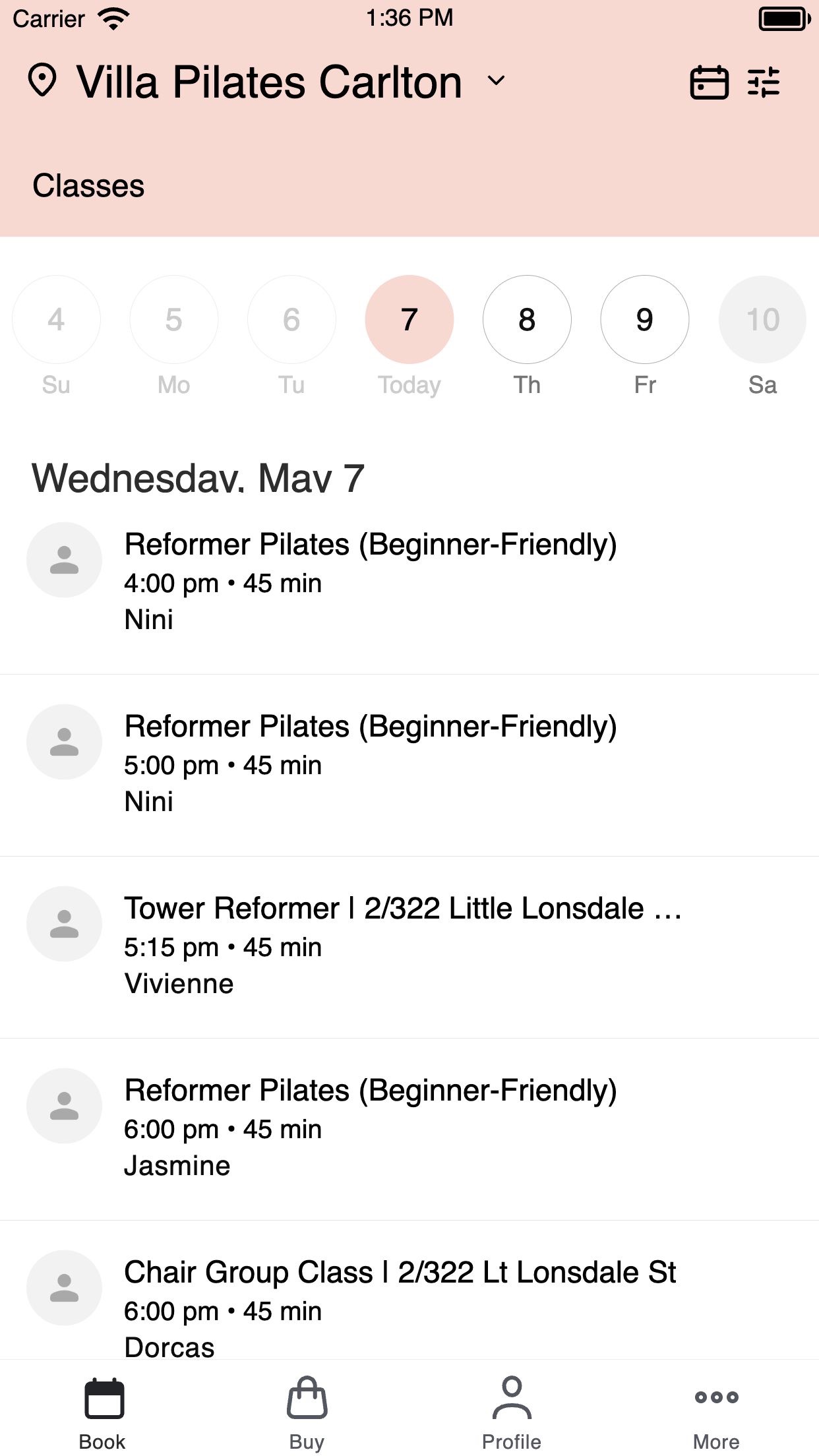 The app's class schedule — a day of reformer classes at Villa Pilates Carlton