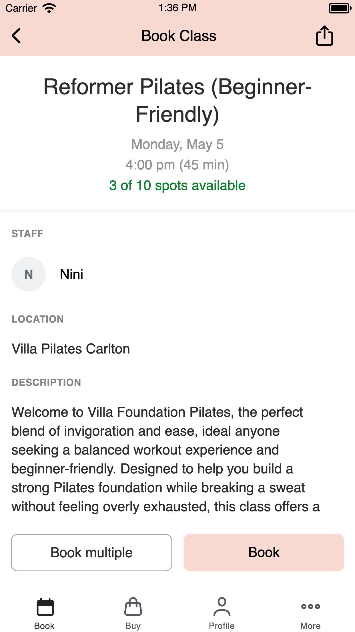 Booking a beginner-friendly reformer class in the app