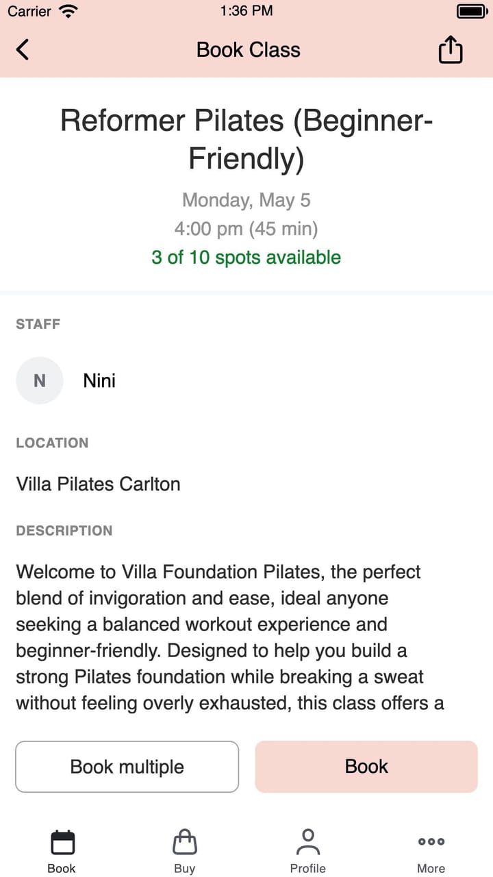 Booking a beginner-friendly reformer class in the app